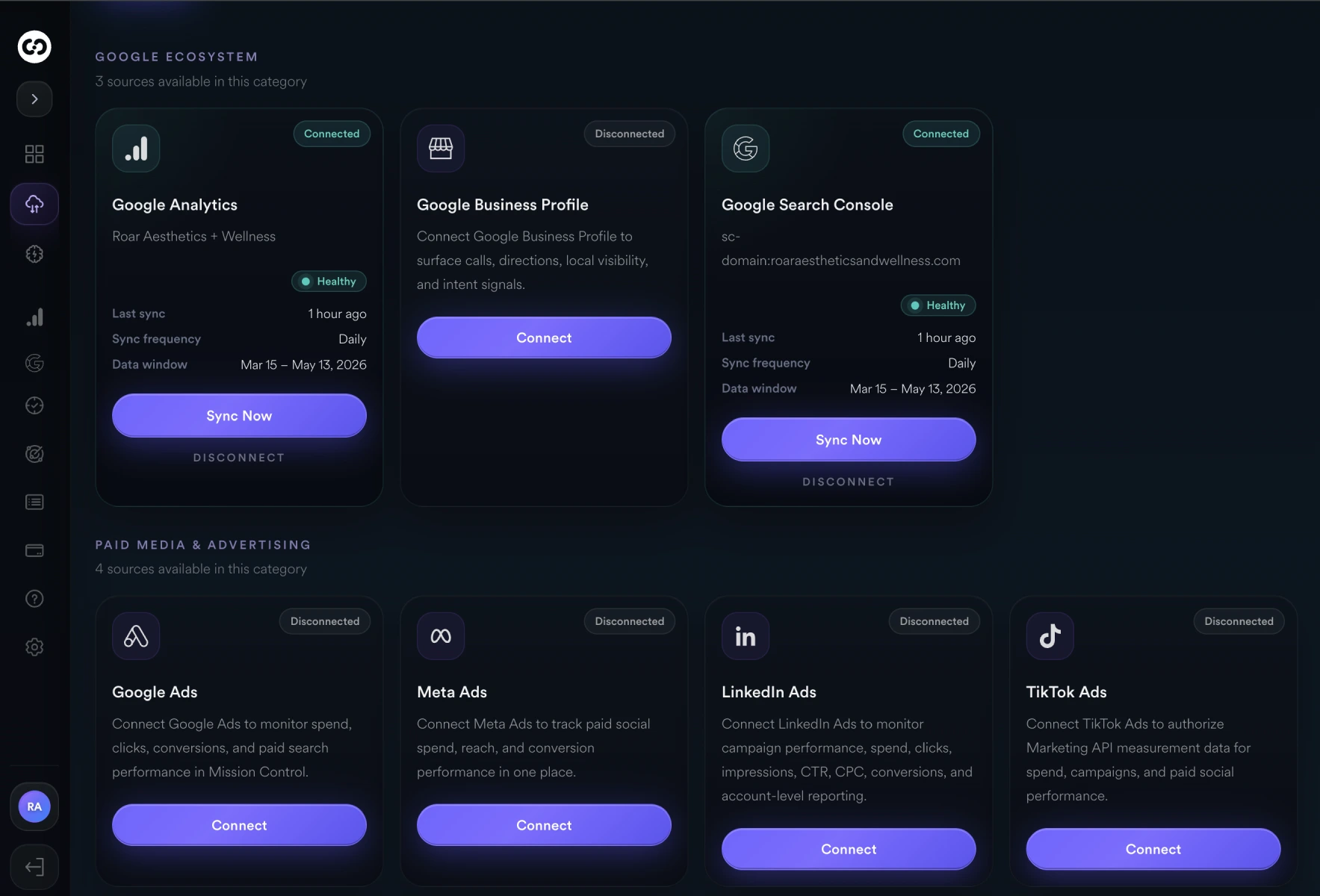 Connected systems integrations dashboard showing marketing, sales, and operations data sources with connector status, sync health, and Google ecosystem reporting in Mission Control