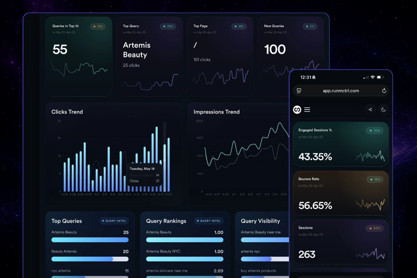 Performance visibility dashboard showing query trends, visibility metrics, and connected mobile reporting in Mission Control