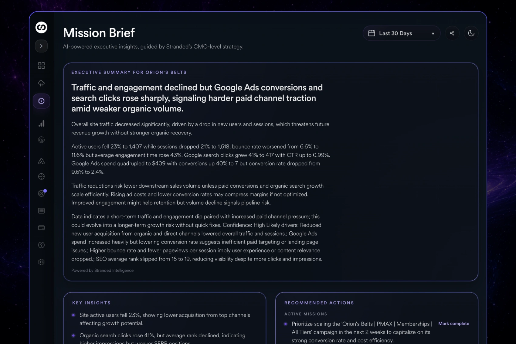 Mission Brief dashboard with executive summary, key insights, and recommended actions in Mission Control